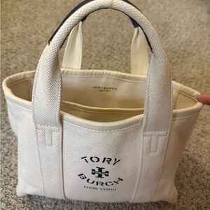 Tory Burch Ivory Canvas Mini Tote with Navy Logo